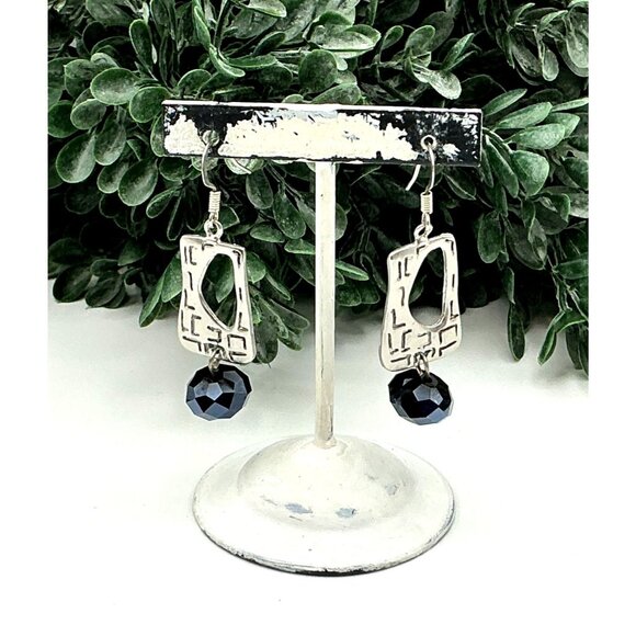 Silver Tone Geometric Drop Earrings With Black Faceted Beads - Picture 2 of 7